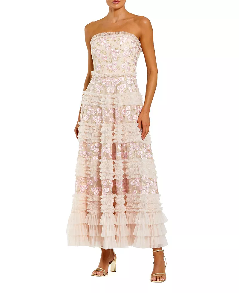Mac Duggal Floral Embroidered Strapless Ruffle Midi Dress