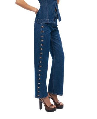  Eyelet Detail Wide-Leg Denim Pants in Medium Blue
