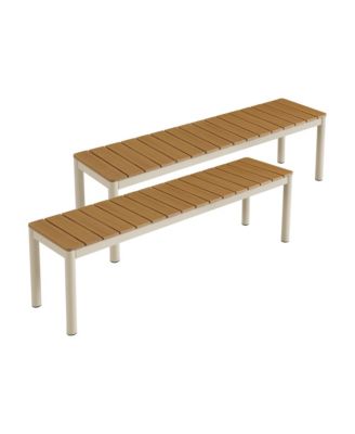 Finn Outdoor Patio Aluminum Bench with Faux Wood Top, Set of 2