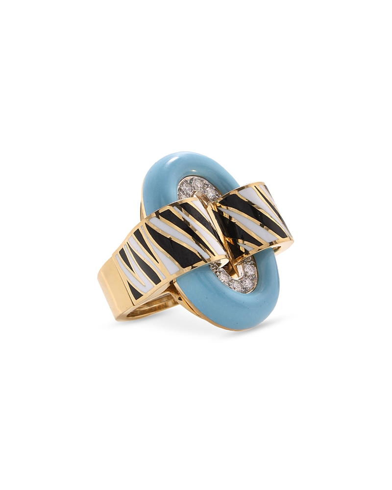 David Web Platinum & 18K Yellow Gold Safari Diamond & Blue & Zebra Enamel Statement Ring