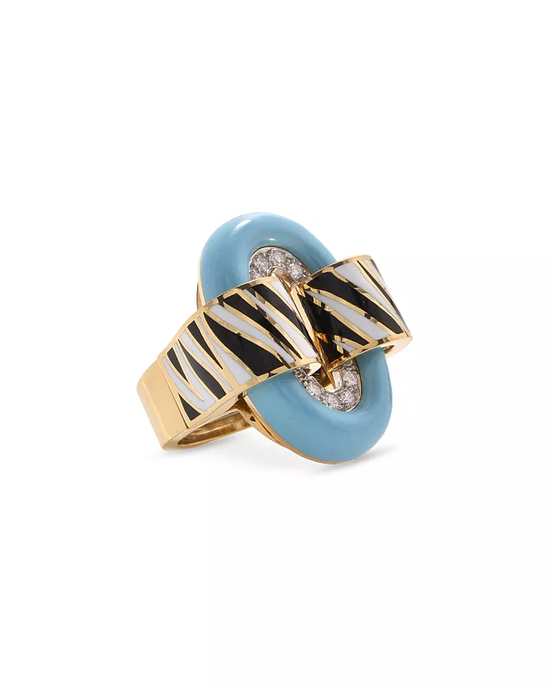 David Web Platinum & 18K Yellow Gold Safari Diamond & Blue & Zebra Enamel Statement Ring