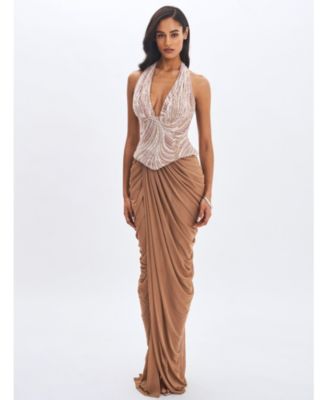  Nancie Beaded Halter Peplum Pleated Maxi Dress