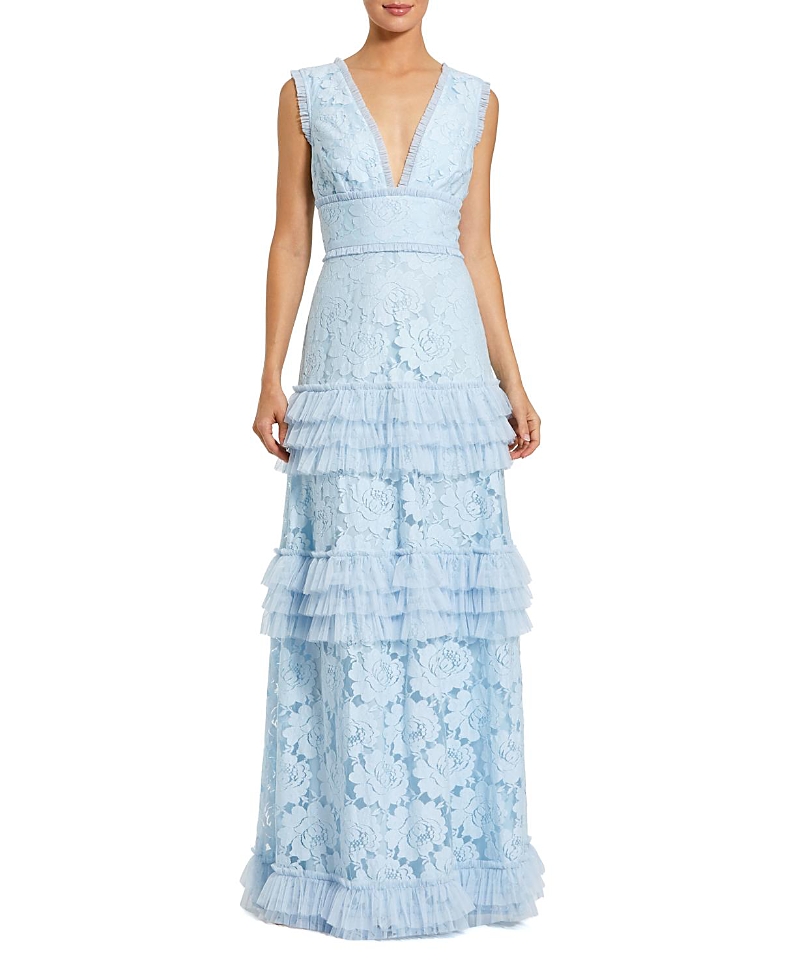 Mac Duggal V Neck Lace Tiered Ruffle Gown