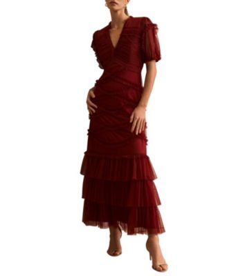  Women's Short Sleeve Tulle Ruffle Maxi Dress
