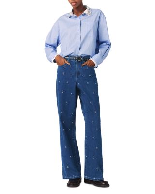 Pant In City Rhinestone Wide Jeans in Blue