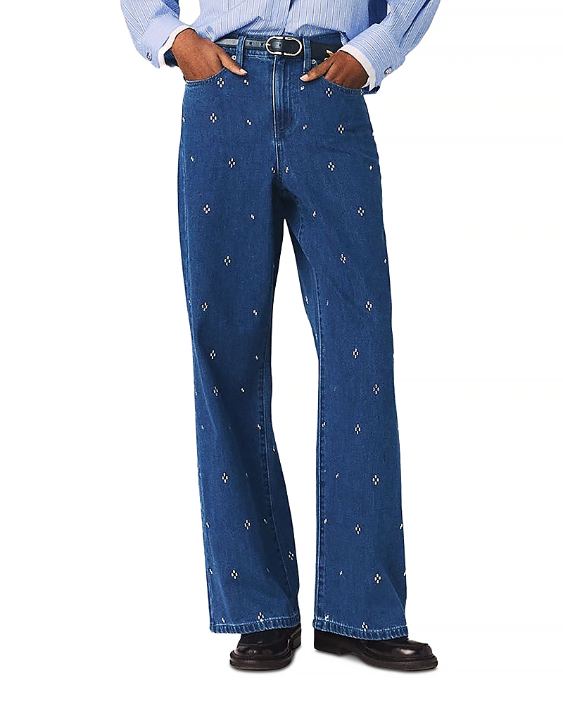 Maje Pant In City Rhinestone Wide Jeans in Blue