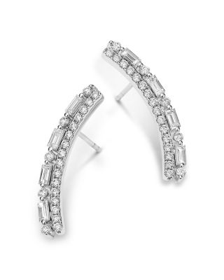 Diamond Round & Baguette Ear Climbers in 14K White Gold, 1.3 tcw