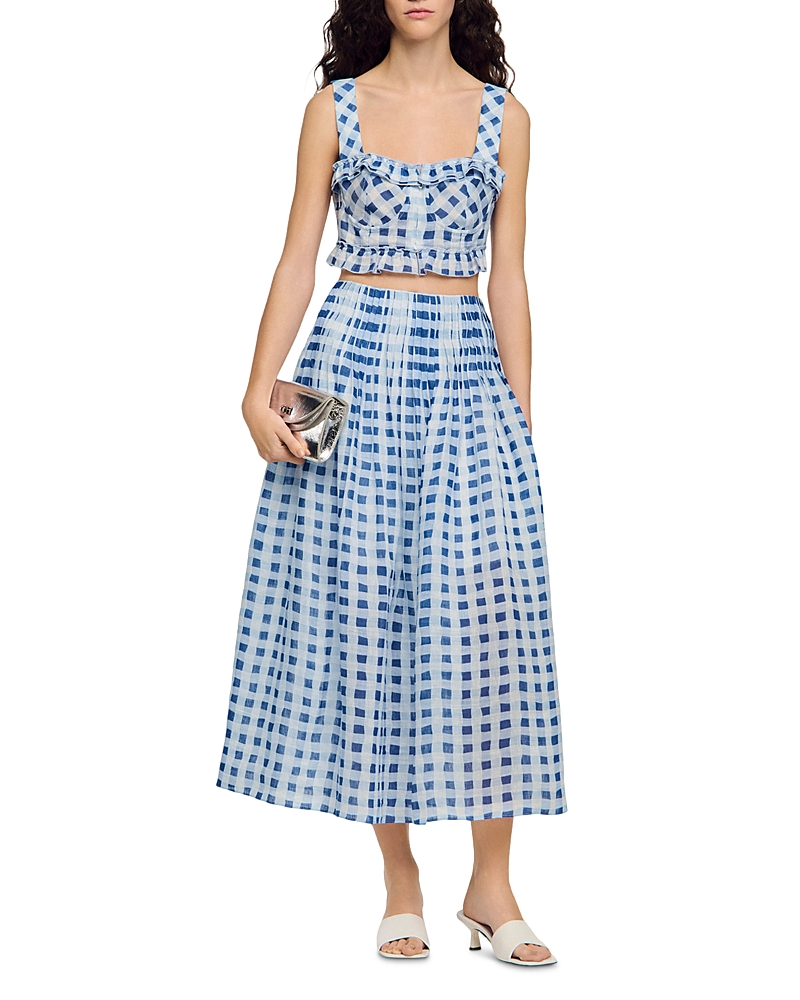 Sandro Poppy Gingham Linen Blend Maxi Skirt