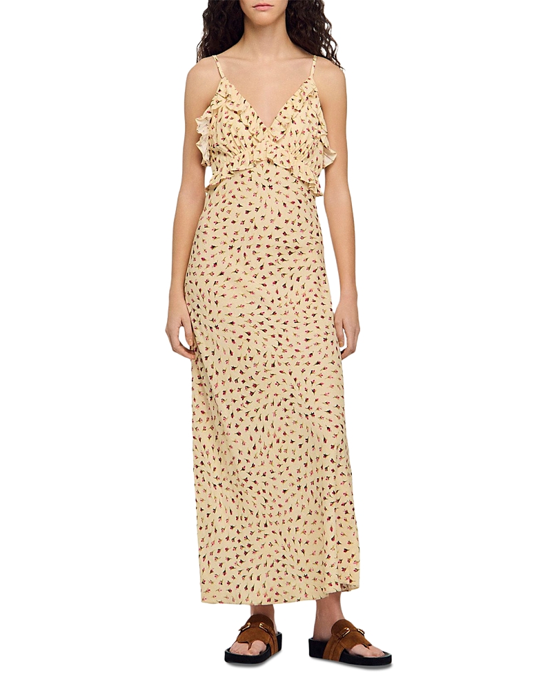 Sandro Soleane Flower Print Ruffle Maxi Dress