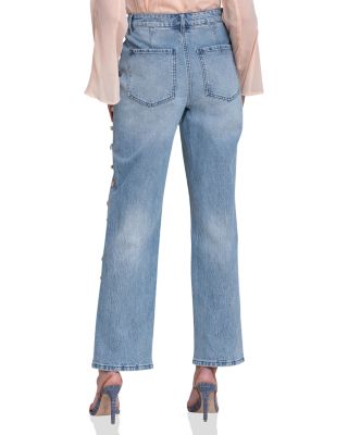 Stone Embellished Stretch Denim Wide Leg Jeans in Flutter Wash