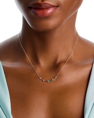 14K Yellow Gold Turquoise Gemstones Dash Bar Necklace, 14-16"
