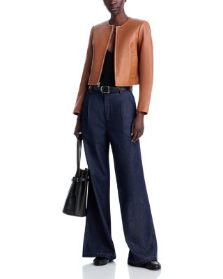 Collarless Crop Leather Jacket