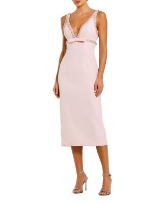 Crepe Fitted Midi Dress with Bow And Beaded Trim