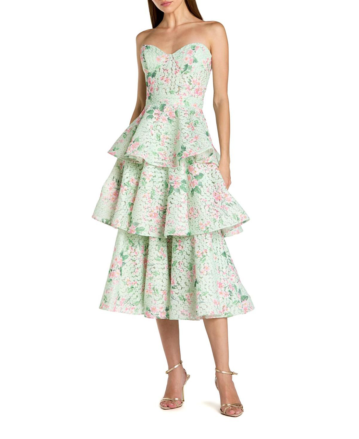 Mac Duggal Floral Net Strapless Tiered Ruffle Midi Dress