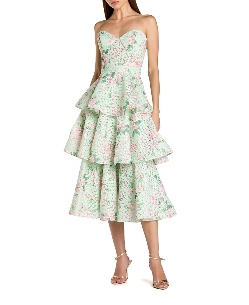 Mac Duggal Floral Net Strapless Tiered Ruffle Midi Dress