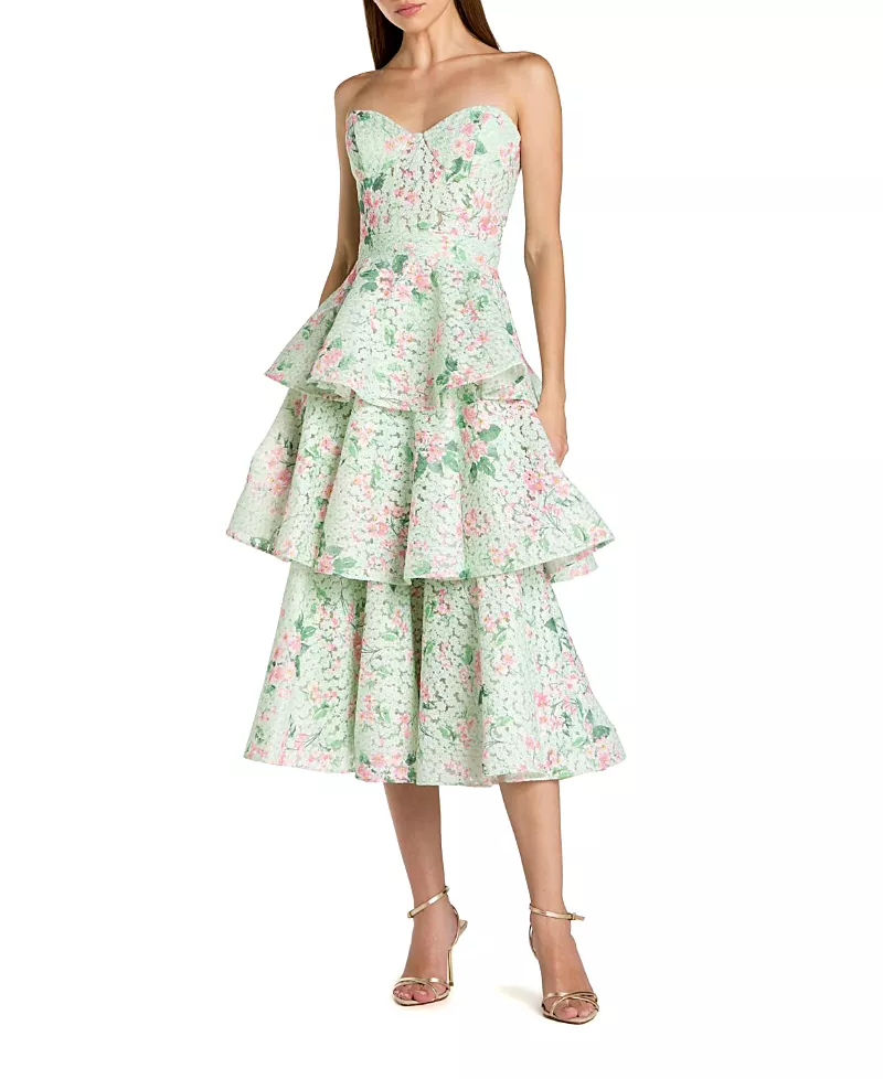 Mac Duggal Floral Net Strapless Tiered Ruffle Midi Dress