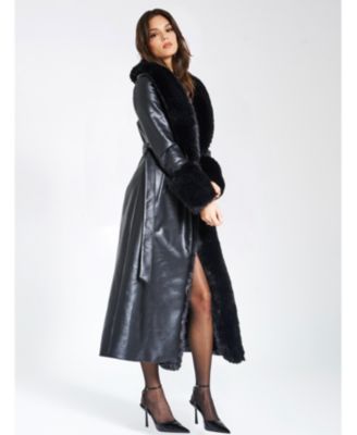  Zaida Faux Fur Trim Faux Leather Coat