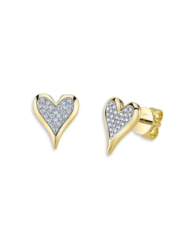 Shy Creation 14K Yellow Gold Diamond Pave Heart Stud Earrings