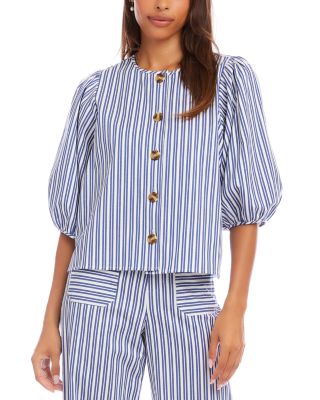 Stripe Puff Sleeve Button Front Top