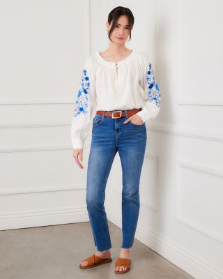 Embroidered Blouson Sleeve Tie Neck Peasant Top