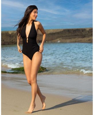  Gabrielle Ring Halter Textured One-Piece Swimsuit