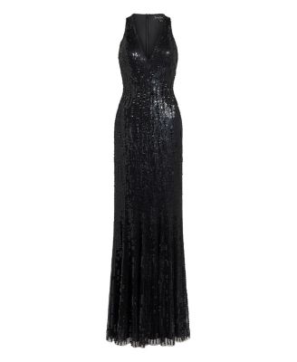 Black Flower Sequined V-Neck Maxi Dress