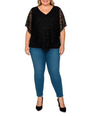 Plus Size Embroidered Sequinned Lace Poncho Top