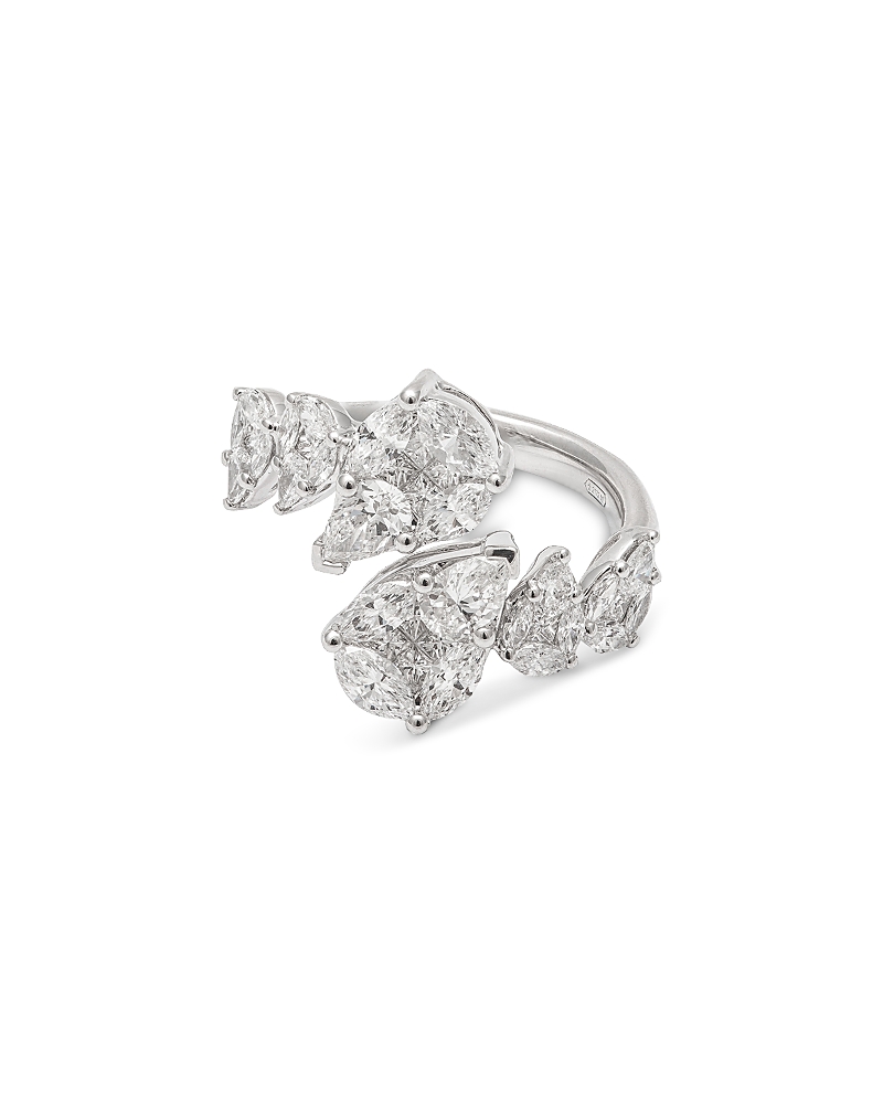 Zydo 18K White Gold Mosaic Diamond Mixed Cut Elements Bypass Ring