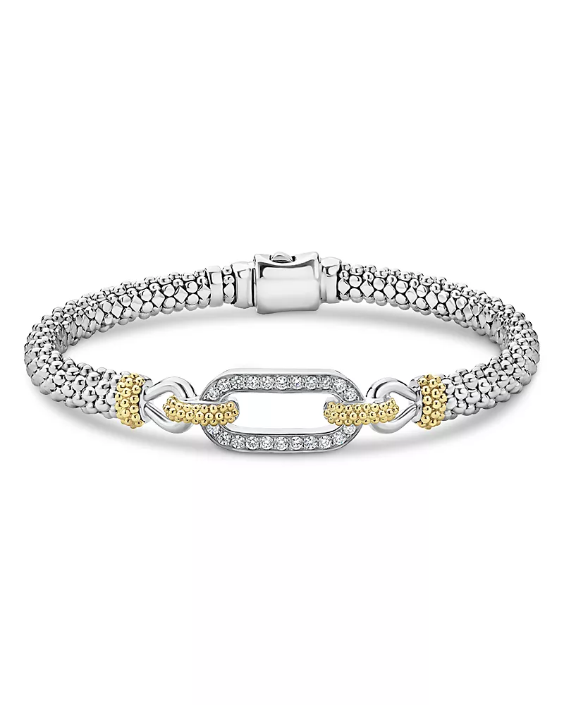 Lagos 18K Yellow Gold & Sterling Silver Caviar Lux Diamond Clip Caviar Bead Bracelet
