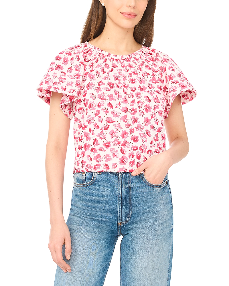 CeCe Printed Eyelet Short Sleeve Top