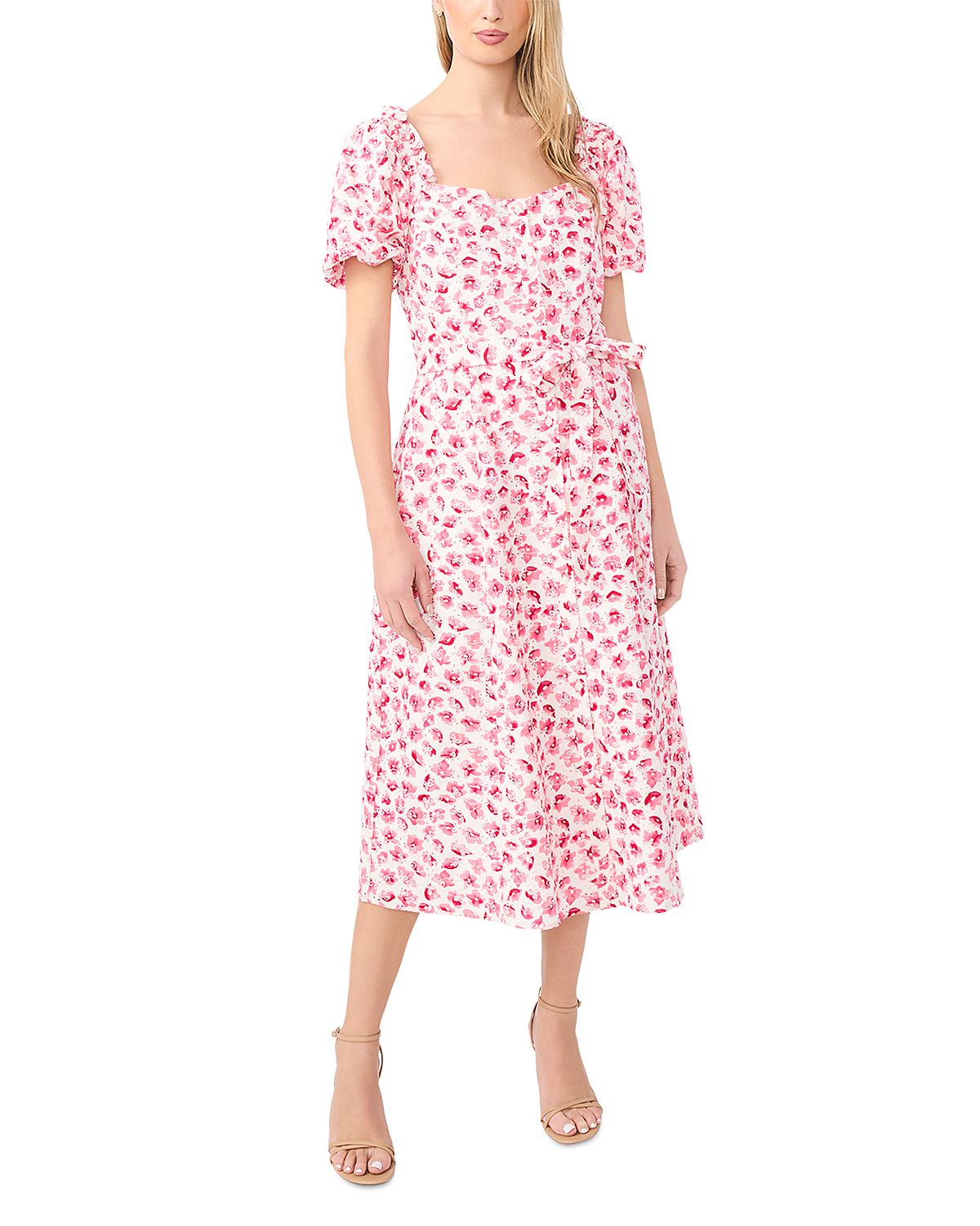 CeCe Floral Eyelet Puff Sleeve Midi Dress