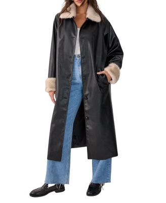 Faux Leather Longline Fur Trim Coat
