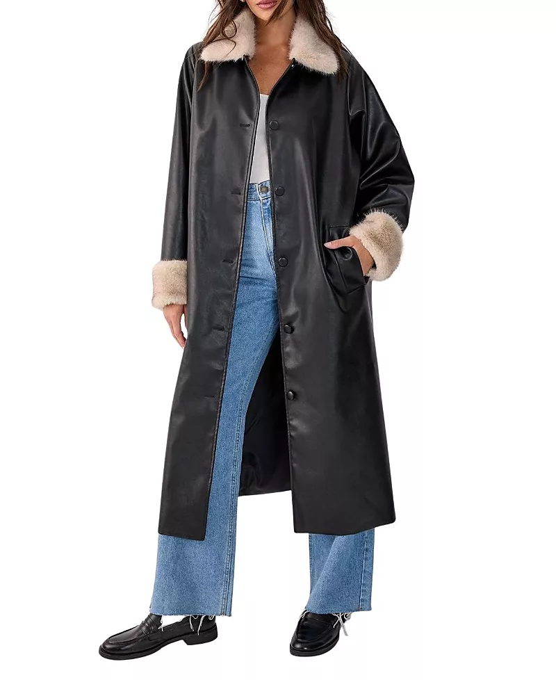 Nasty Gal Faux Leather Longline Fur Trim Coat