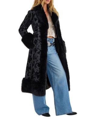 Faux Fur Floral Jacquard Coat