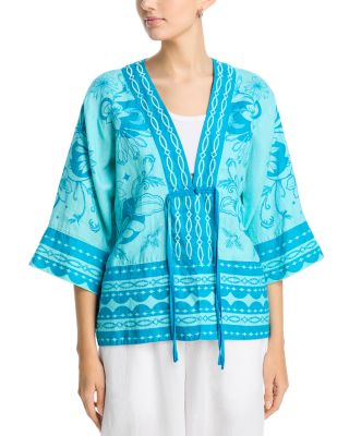 Johnny Was Linen Wide Hem Tie Kimono In Blue