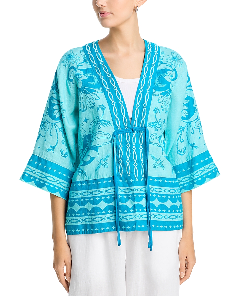 Johnny Was Linen Wide Hem Tie Kimono In Blue