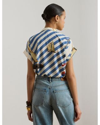 Striped Sailboat Print Crepe Camp Shirt