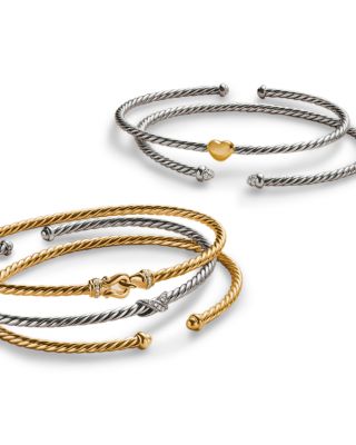 Micro Cable Flex&reg; Heart Station Bracelet in Sterling Silver with 14K Yellow Gold, 2.6mm