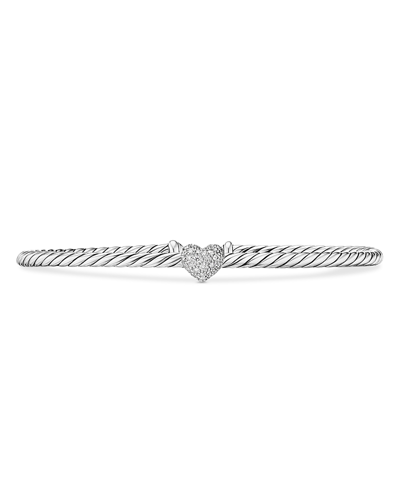 David Yurman Micro Cable Flex Heart Station Bracelet in Sterling Silver with Diamonds, 2.6mm