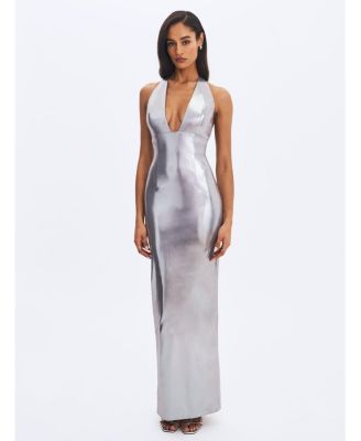  Valeska Foil Plunging Sheath Maxi Dress