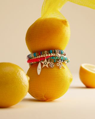 14K Yellow Gold California Hot Pink Ethiopian & Diamond Surfboard Charm Stretch Bracelet - Exclusive