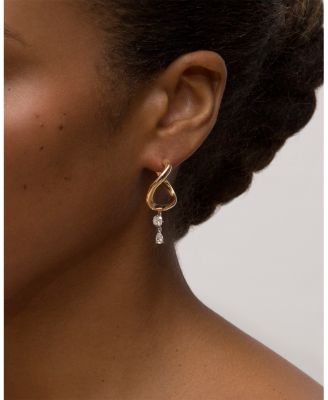 Certified Lab Grown Diamond Pear & Cushion Asymmetric Gaude Curve Dangle Hoop Earrings in 14K Yellow Gold, 1.28 tcw
