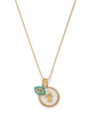 Multi Gemstone & Diamond Hamsa & Evil Eye Charm Pendant Necklace in 14K Yellow Gold, 16-18"