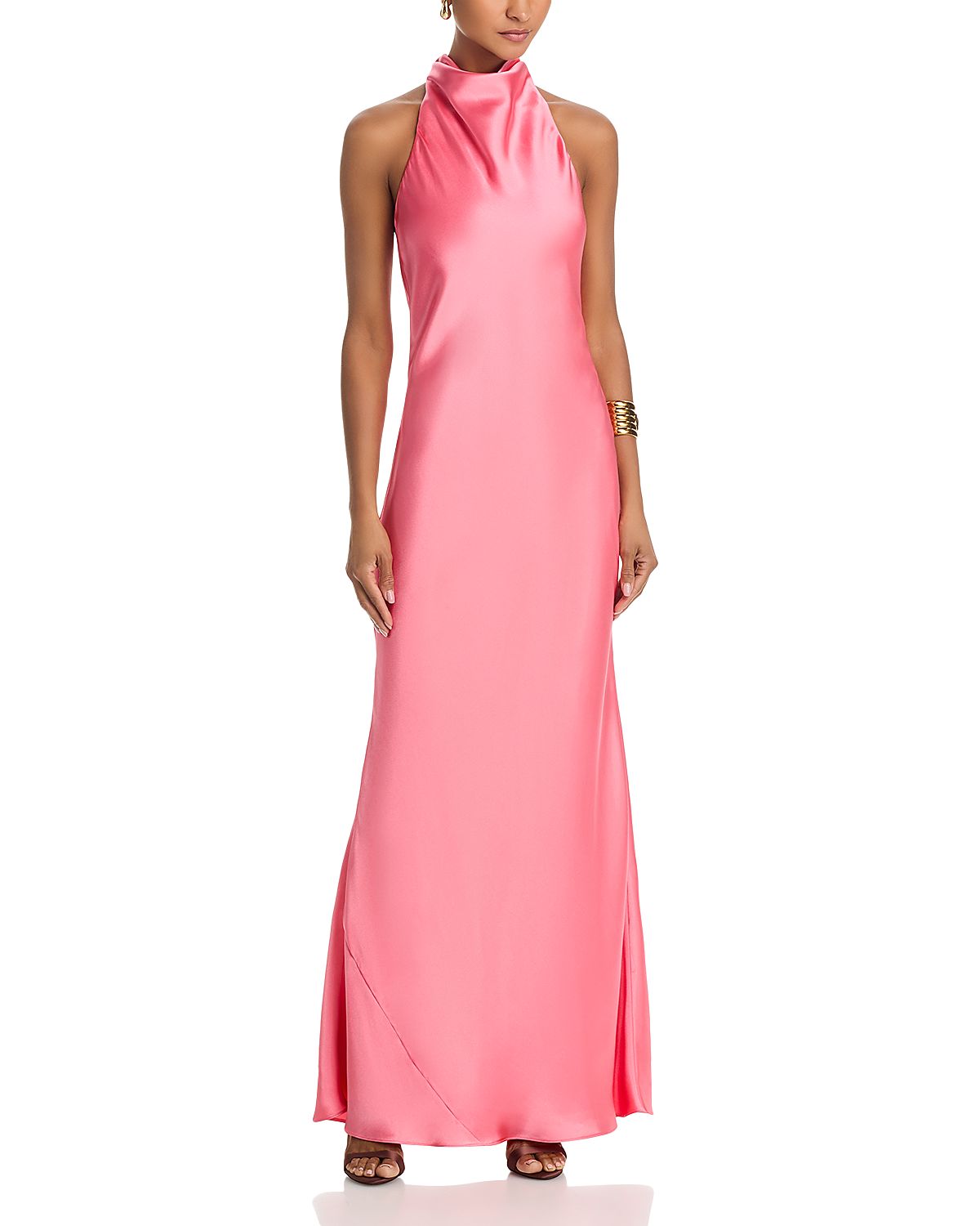 Aqua Charmeuse Halter Neck Long Dress - Exclusive