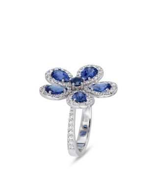 18K White Gold Classic Flower Blue Sapphire & Diamond Ring