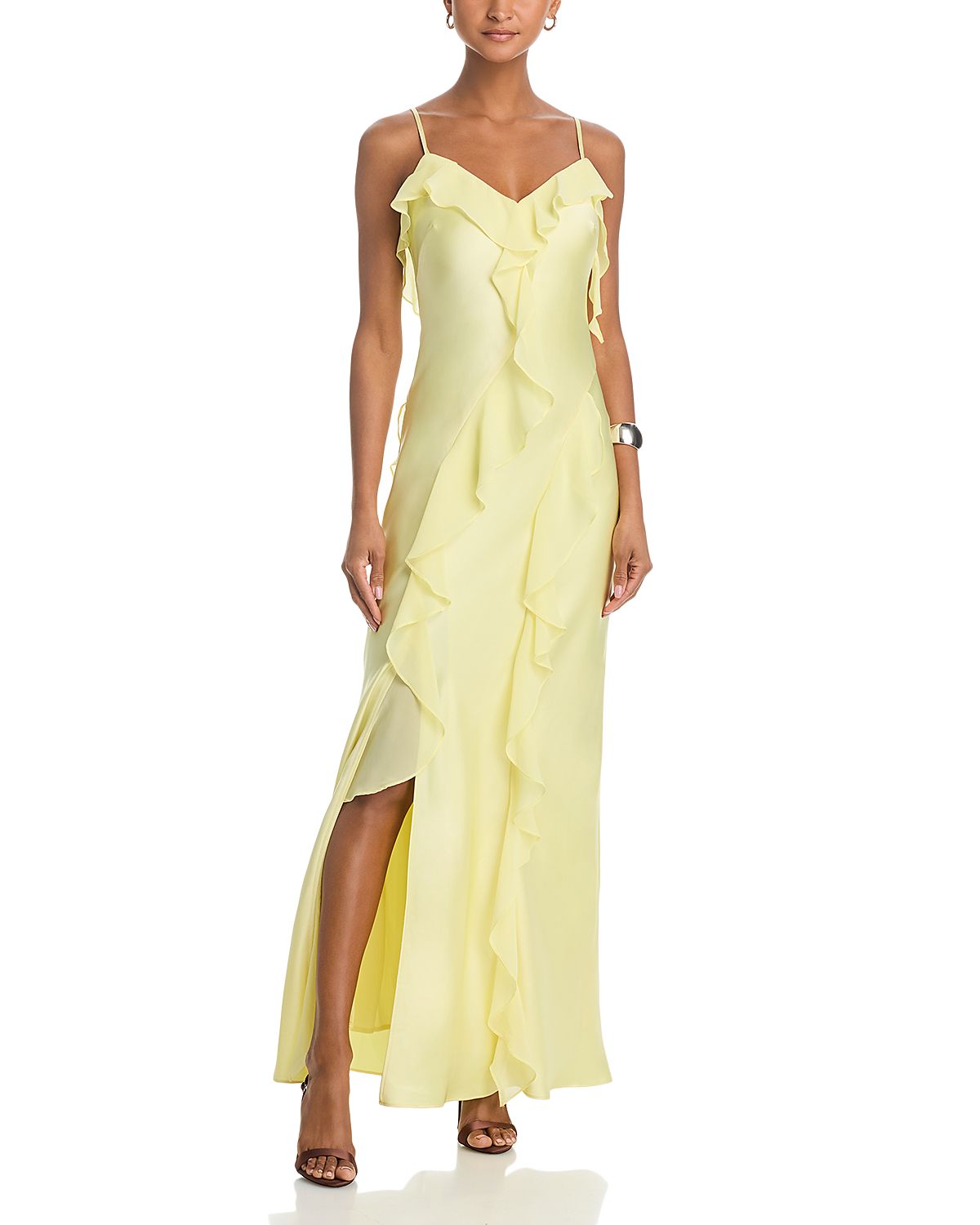Aqua Long Satin Ruffled Gown - Exclusive