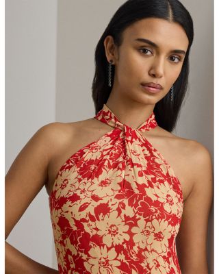 Floral Ruffle Trim Georgette Halter Gown