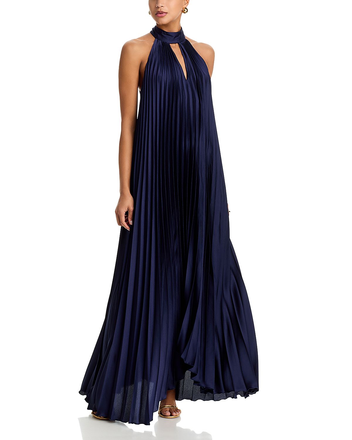 Aqua High Neck Pleated Satin Dress - Exclusive