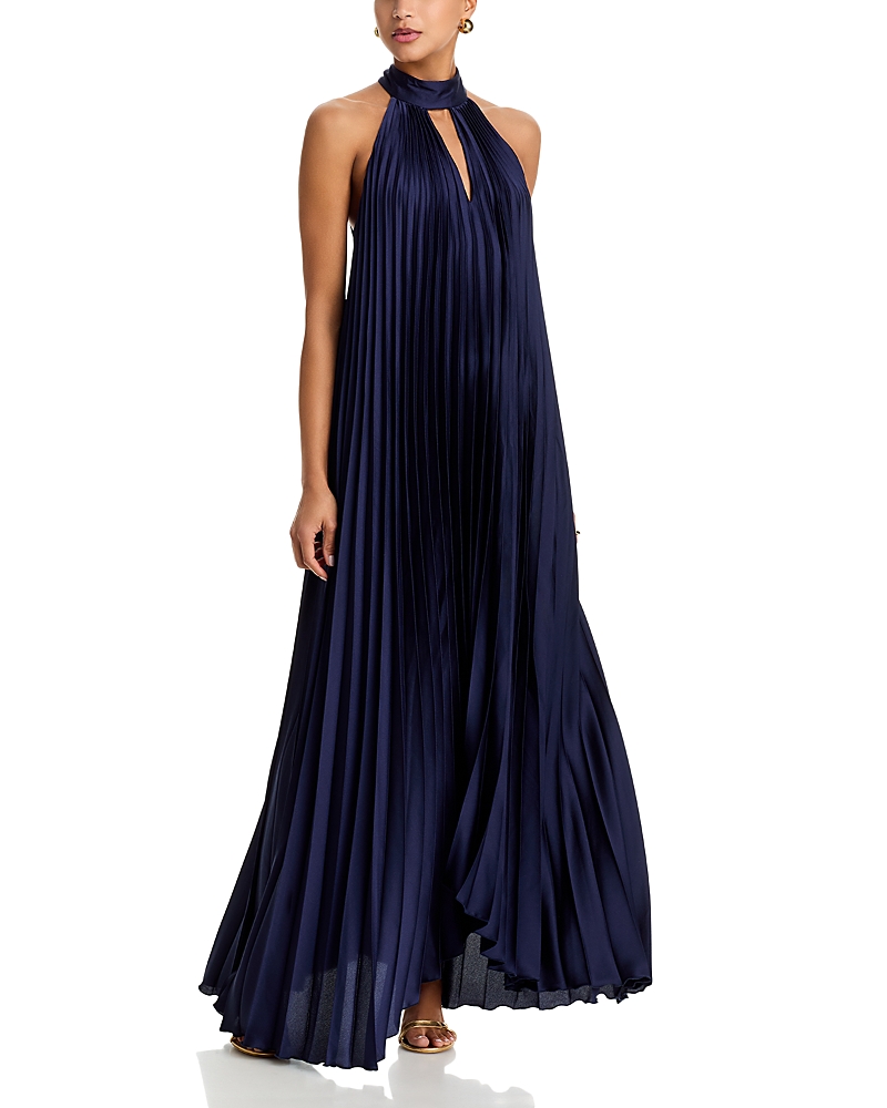 Aqua High Neck Pleated Satin Dress - Exclusive