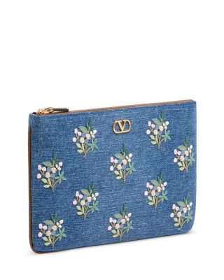 Medium Floral Embroidered Denim Flat Pouch  
